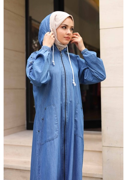 Kadın Cepli Omuzdan Taş Detaylı Kapüşonlu Kot Kap indirimleri