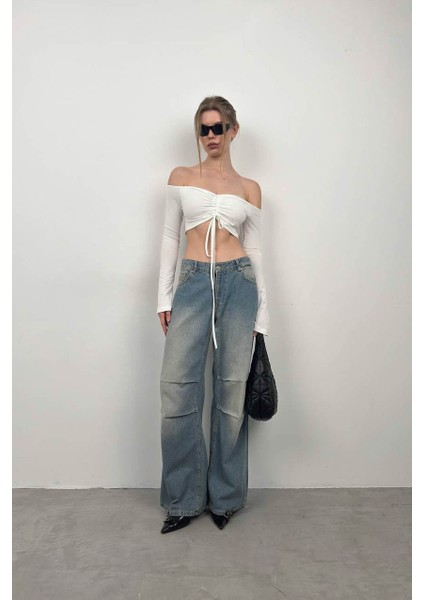 Kayık Yaka Asansörlü Bluz