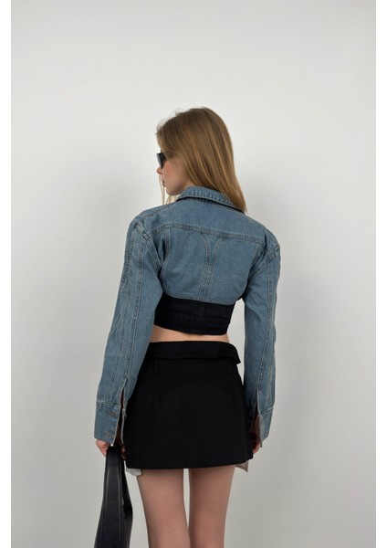 Çift Renkli Crop Denim Ceket