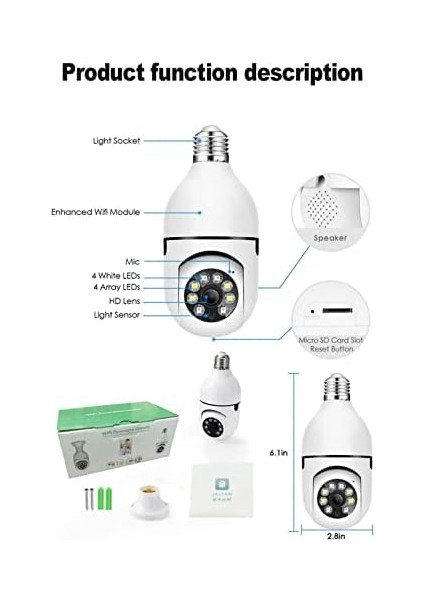 1080P Kablosuz Wifi E27 Ampul Kamera 360 Derece Hareket Algılama, İki Yönlü Ses ve Alarm