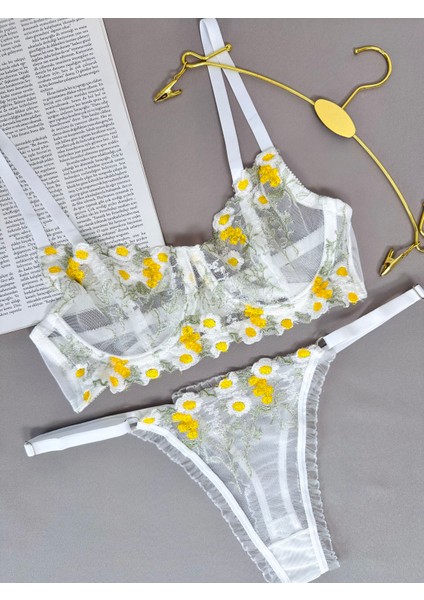 Daisy Romantic Çiçekli Balenli Brode Beyaz Iç Çamaşırı Takımı modelleri