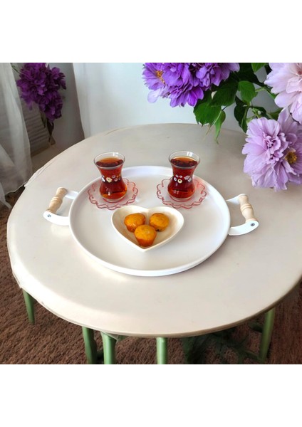 Tepsi Ahşap Kulplu Metal Çay Tepsisi Kahve Tepsisi Sunum Kahvaltı 30 cm Tepsi
