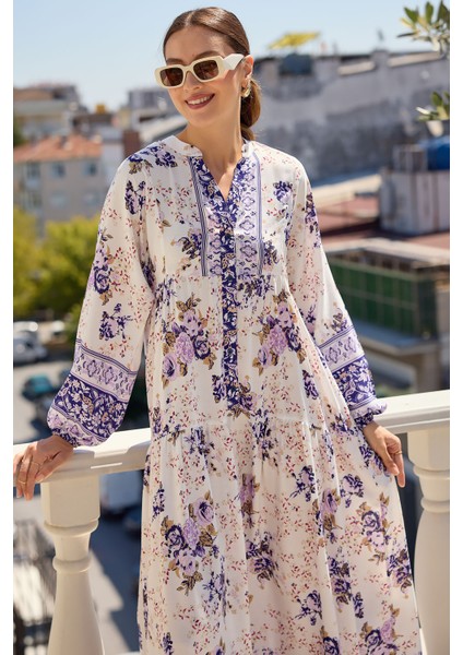 2423 Otantik Desenli Elbise - Mor