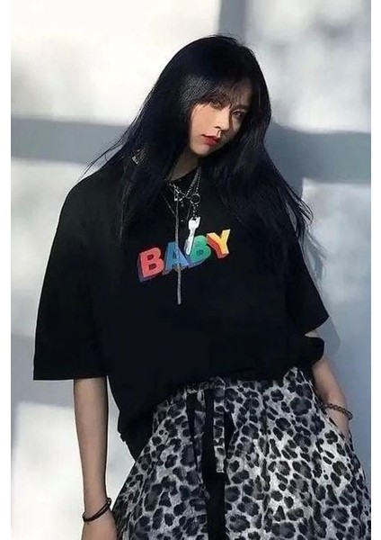 Siyah Unisex Renkli Baby Yazılı T-Shirt S