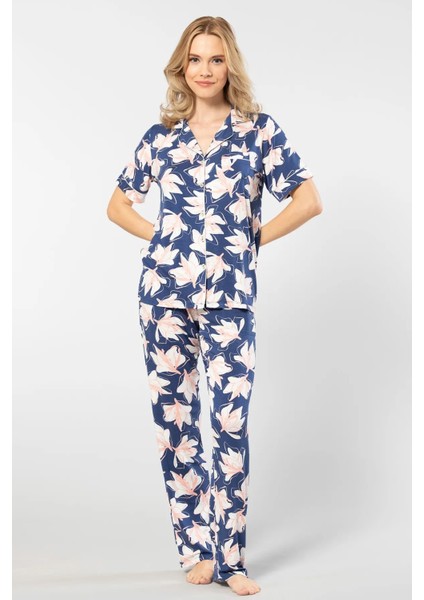 3355 Kadın Kısa Kollu Gömlek Yaka Pijama Takımı-Lacivert