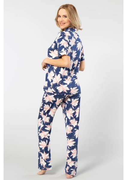 3355 Kadın Kısa Kollu Gömlek Yaka Pijama Takımı-Lacivert