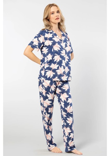 3355 Kadın Kısa Kollu Gömlek Yaka Pijama Takımı-Lacivert fiyatları
