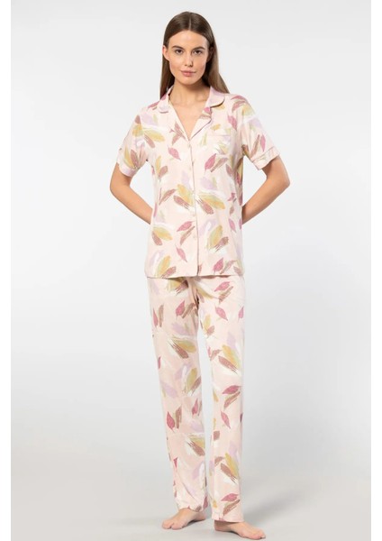 3355 Kadın Kısa Kollu Gömlek Yaka Pijama Takımı-Pudra