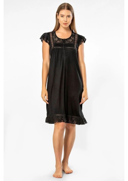 3284 Kadın Kısa Kollu Dantelli Gecelik-Siyah