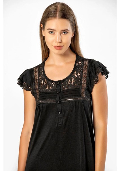 3284 Kadın Kısa Kollu Dantelli Gecelik-Siyah fiyatları