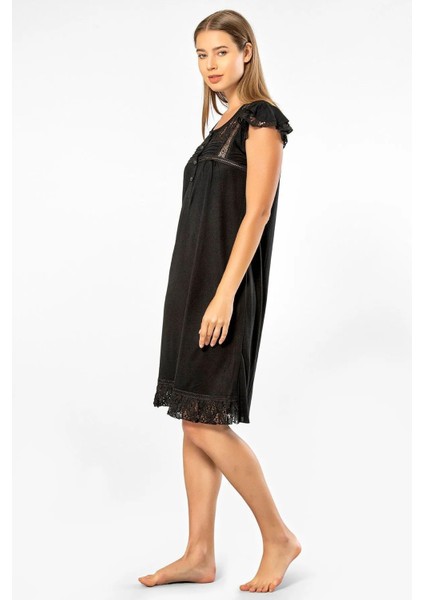 3284 Kadın Kısa Kollu Dantelli Gecelik-Siyah fırsatları