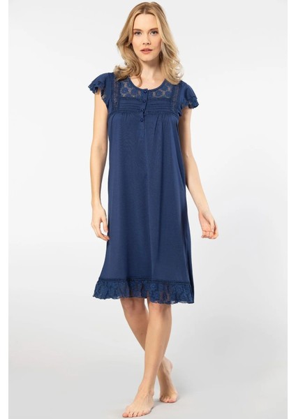 3284 Kadın Kısa Kollu Dantelli Gecelik-Lacivert