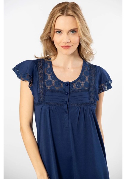 3284 Kadın Kısa Kollu Dantelli Gecelik-Lacivert fiyatları