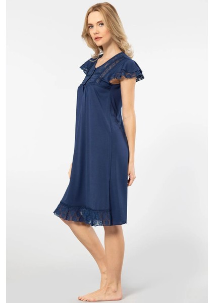 3284 Kadın Kısa Kollu Dantelli Gecelik-Lacivert modelleri