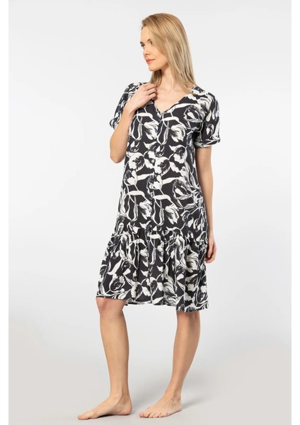 3603 Kadın Kısa Kollu Dokuma V Yaka Önden Düğmeli Elbise-Siyah modelleri