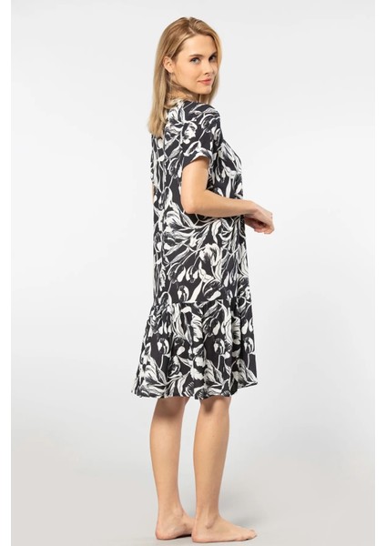 3603 Kadın Kısa Kollu Dokuma V Yaka Önden Düğmeli Elbise-Siyah fırsatları