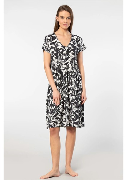 3602 Kadın Kısa Kollu Dokuma Kloş Elbise-Siyah