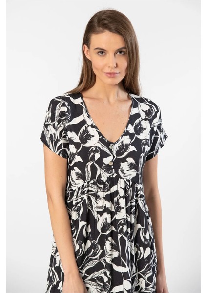 3602 Kadın Kısa Kollu Dokuma Kloş Elbise-Siyah fiyatları