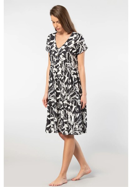 3602 Kadın Kısa Kollu Dokuma Kloş Elbise-Siyah modelleri