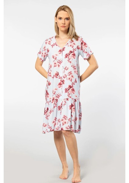 3603 Kadın Kısa Kollu Dokuma V Yaka Önden Düğmeli Elbise-Mavi