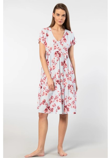 3602 Kadın Kısa Kollu Dokuma Kloş Elbise-Mavi