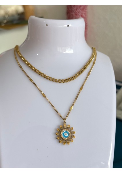 Nur's Jewelery & Accessories 316 L Çelik Ikili Göz Kolye Vintage Güneş Kolye