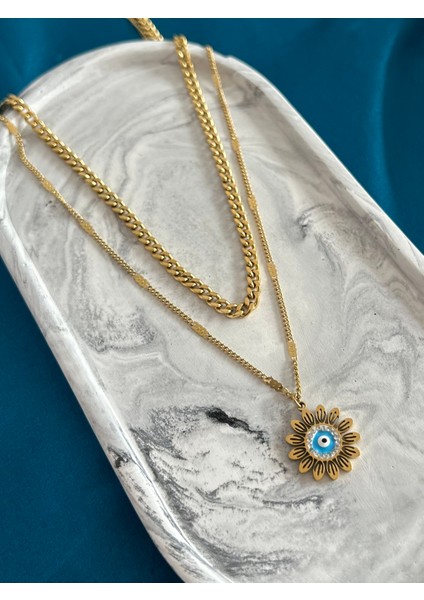 Nur's Jewelery & Accessories 316 L Çelik Ikili Göz Kolye Vintage Güneş Kolye