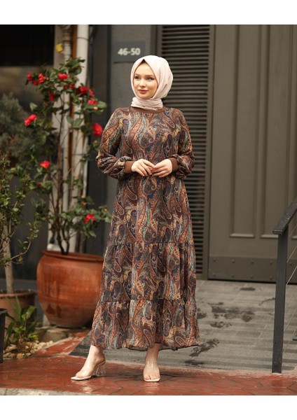 Kadın Tesettür Şal Desenli Astarlı Şifon Elbise