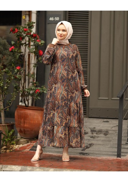 Kadın Tesettür Şal Desenli Astarlı Şifon Elbise indirimleri
