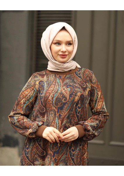 Kadın Tesettür Şal Desenli Astarlı Şifon Elbise