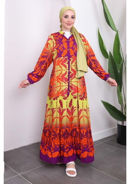 Mor Yarım Düğmeli Eteği Katlı Viskon Elbise