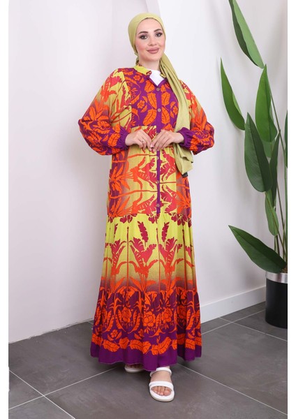 Mor Yarım Düğmeli Eteği Katlı Viskon Elbise fiyatları