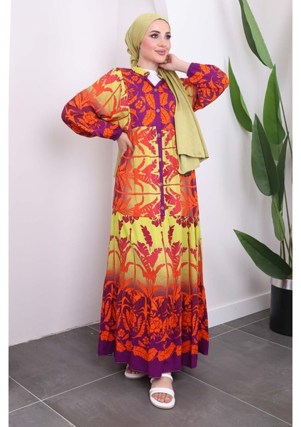 Mor Yarım Düğmeli Eteği Katlı Viskon Elbise modelleri