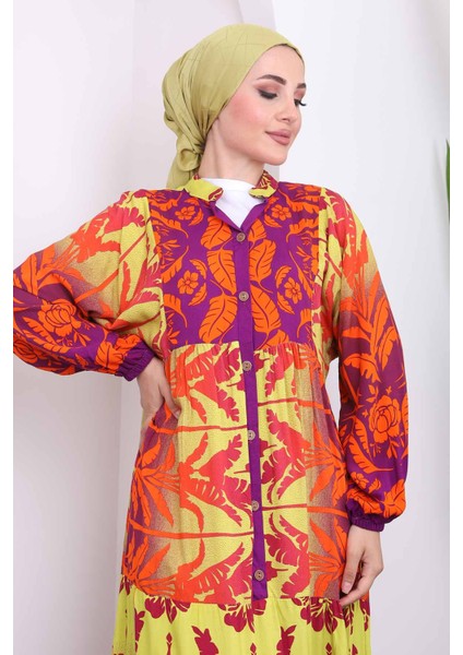 Mor Yarım Düğmeli Eteği Katlı Viskon Elbise fırsatları