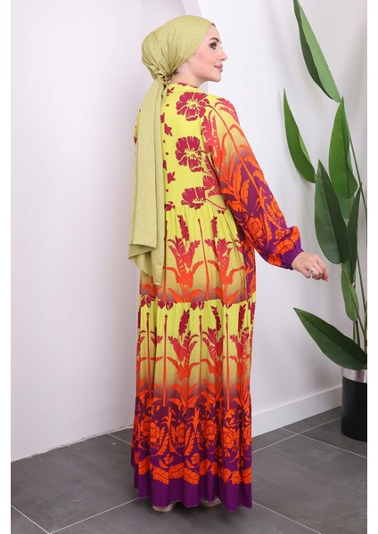 Mor Yarım Düğmeli Eteği Katlı Viskon Elbise indirimleri