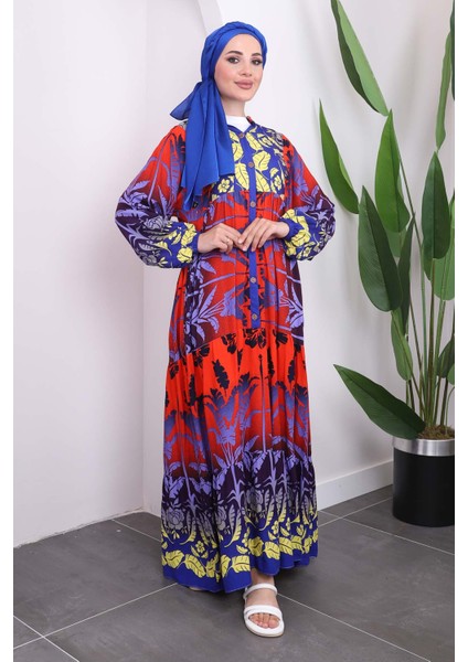 Kırmızı Yarım Düğmeli Eteği Katlı Viskon Elbise fiyatları