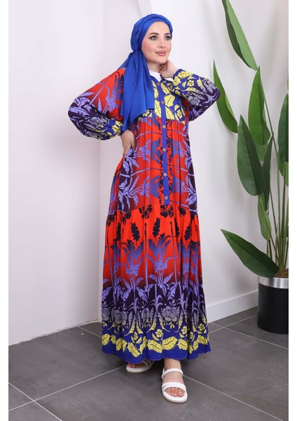 Kırmızı Yarım Düğmeli Eteği Katlı Viskon Elbise modelleri