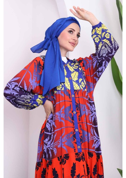 Kırmızı Yarım Düğmeli Eteği Katlı Viskon Elbise fırsatları