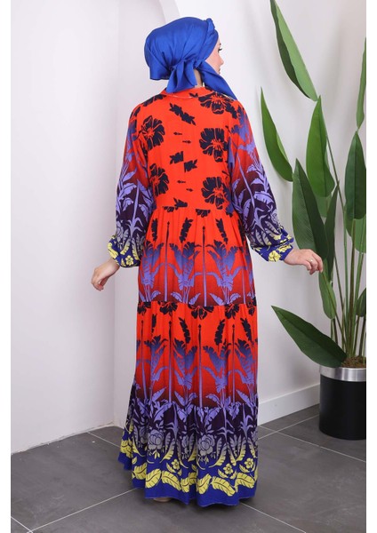 Kırmızı Yarım Düğmeli Eteği Katlı Viskon Elbise indirimleri