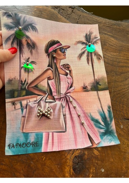 Boncuk Işleme Hasır Pembe Elbiseli Kız Arma Dikiş Aplike 23X19 cm modelleri