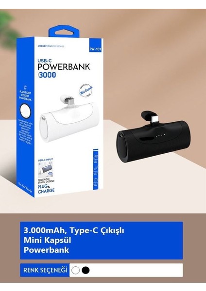 PW0-101 3000 mAh Elektronik Siyah Taşınabilir Type-C Batarya Powerbank Telefon Mini Şarj Aleti