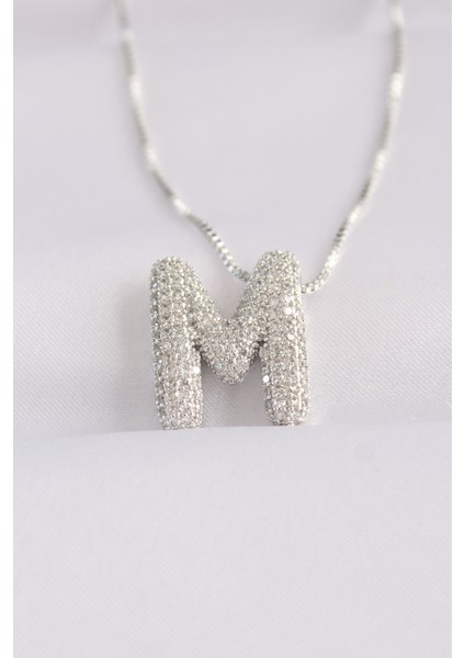 316L Çelik Zincirli Zirkon Taşlı M Harfli Silver Renk Bubble Kolye