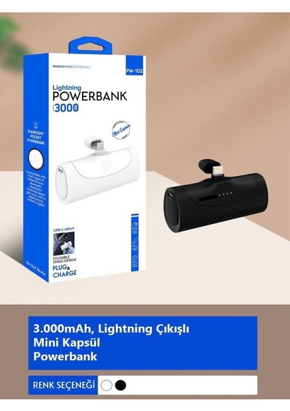 PW0-101 3000 mAh iPhone Lighting Uyumlu Powerbank Mini Elektronik Siyah Taşınabilir Güç Bankası