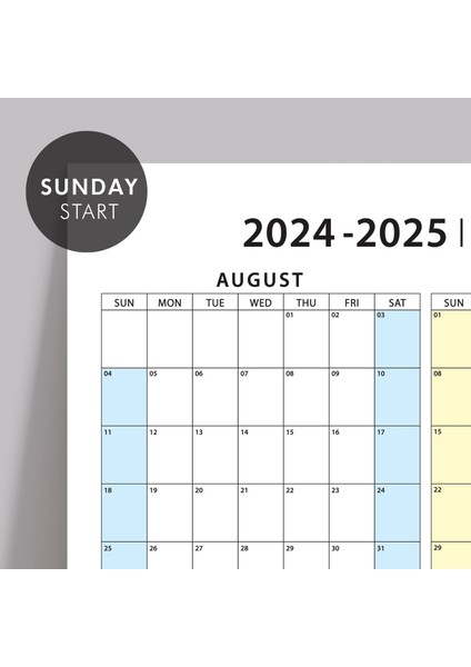 Amerikan Standardı 2024 -2025 Akademik Duvar Takvimi, Ağustos Başlangıçlı, United States Calendar