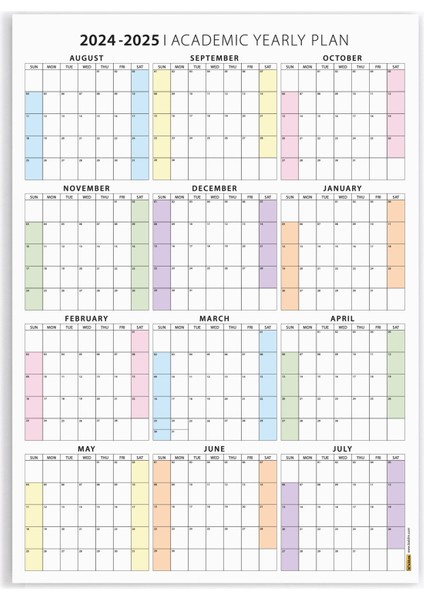 Amerikan Standardı 2024 -2025 Akademik Duvar Takvimi, Ağustos Başlangıçlı, United States Calendar