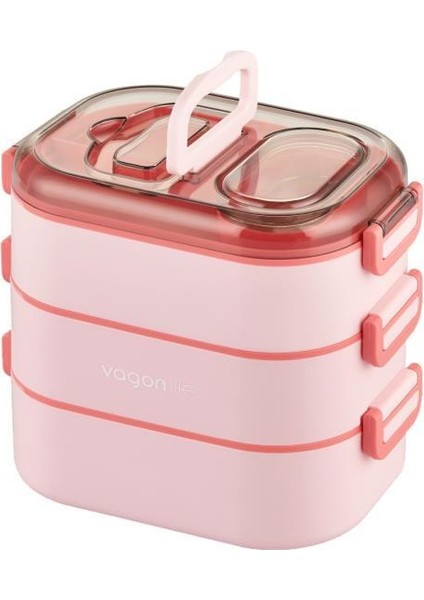 1450 ml Üç Kat Beş Bölme Paslanmaz Çelik Bento Lunch Box Yeni Nesil Sefer Tası-Sos Kaseli Pembe - VGN-7083