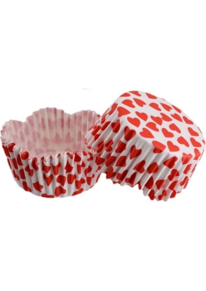 Cupcake Kalıbı Pet Kapsül Dalgalı Kırmızı Fiyonk ve Kalp Desenli Kek Kalıbı 65X38 mm - 100'LÜ 3.8 cm