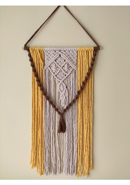 Makrome Bohem Bahçe Balkon Duvar Kapıdekorasyon Düş Kapanı (37X60) (Kahve Sarı Bej)