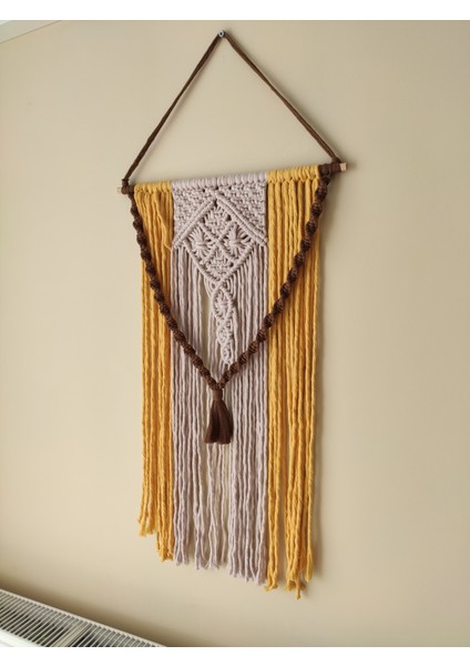 Makrome Bohem Bahçe Balkon Duvar Kapıdekorasyon Düş Kapanı (37X60) (Kahve Sarı Bej) fırsatları