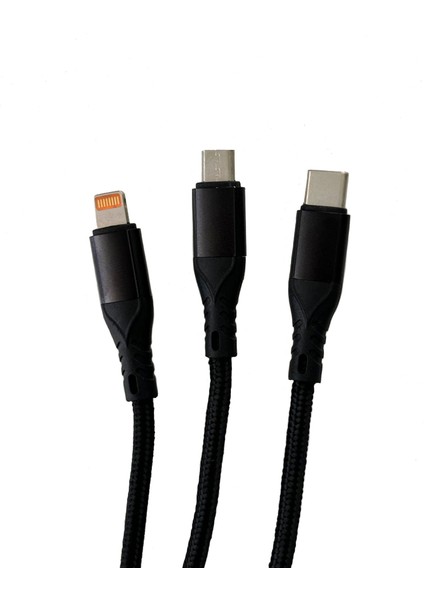 Fit Plus 3in1 USB To Type-C Lightning Micro 1.2m Örgü Şarj Kablosu